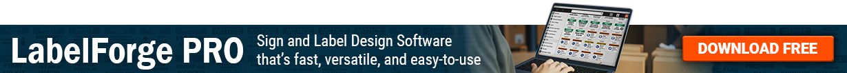 A with the text Label Forge Pro, Sign and Label Design software. There's a man using the software on a computer and an orange Download Free button.
